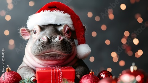 Hippo wearing Santa hat with Christmas decorations and presents during festive season