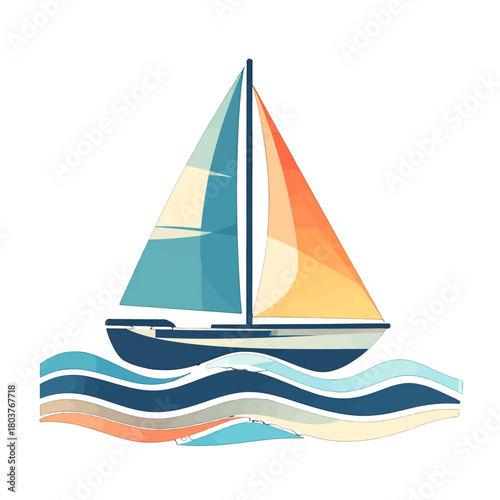 Sailboat on Colorful Wavy Water Graphic Illustration Vivid Geometric Design Blue Hull Red Orange Sails
