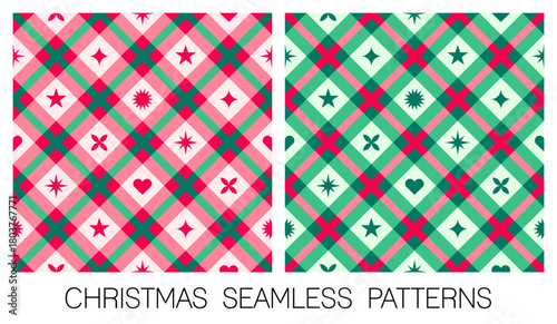 Set of red and green geometric symbol elements with plaid pattern design for christmas and new year background.