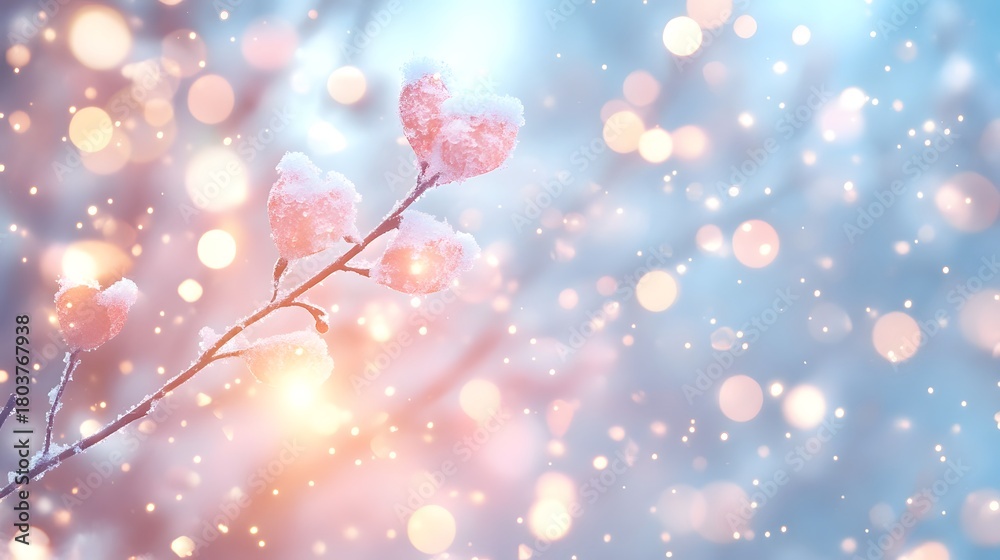 Fototapeta premium Snow-covered branches sparkle in gentle winter light creating a serene outdoor scene