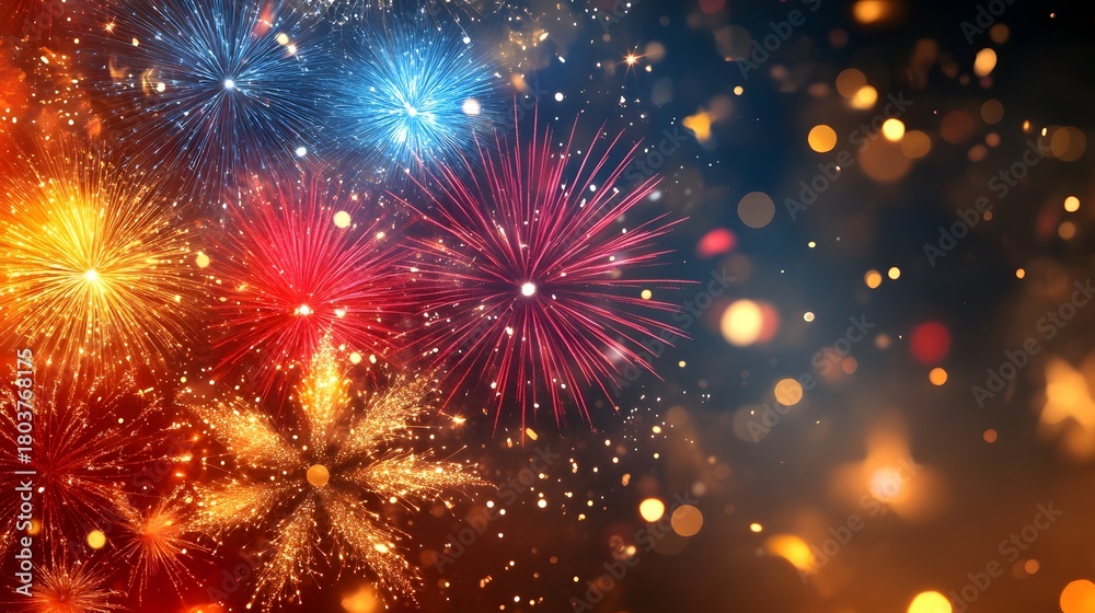 Fototapeta premium Bright fireworks burst in vibrant colors against a dark sky, creating a festive atmosphere during a nighttime celebration.