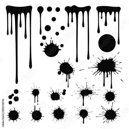 Black dripping ink. Isolated spots of paint, floating oil blots vector set. Blob paint, ink splatter black, stain and drip illustration.eps