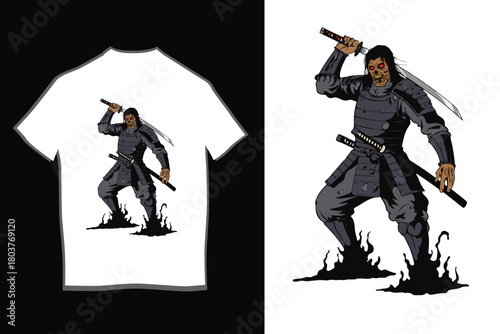 Full Body Undead Samurai Warrior with Katana T-shirt Design