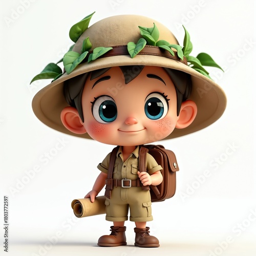 Fototapeta Naklejka Na Ścianę i Meble -  Cute cartoon jungle explorer wears pith helmet with leaves, khaki uniform, backpack, map. 3D avatar character smiles. Perfect for childrens adventure, safari, nature, explorer themed design projects.