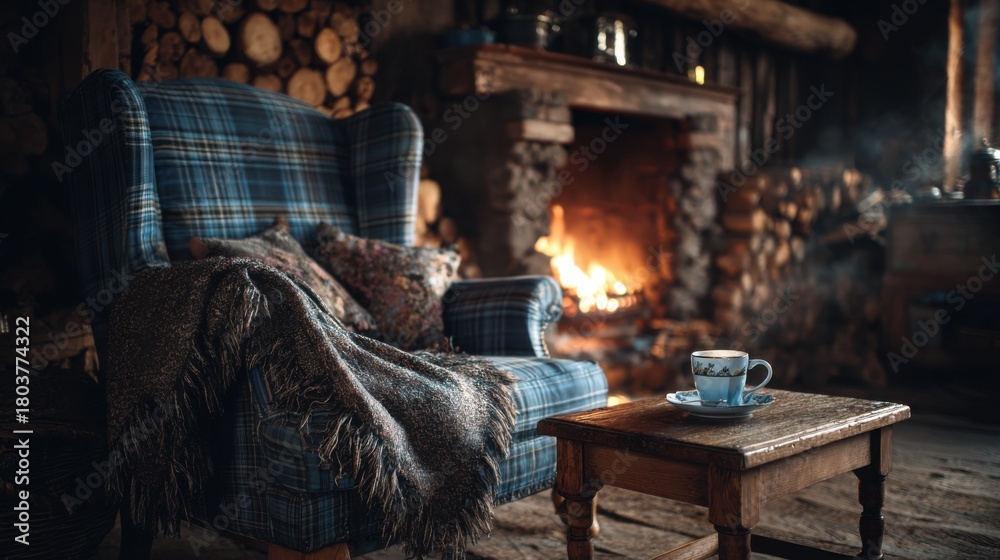 Naklejka premium Cozy living room with a warm fire and a cup of tea in a rustic cabin during a chilly afternoon
