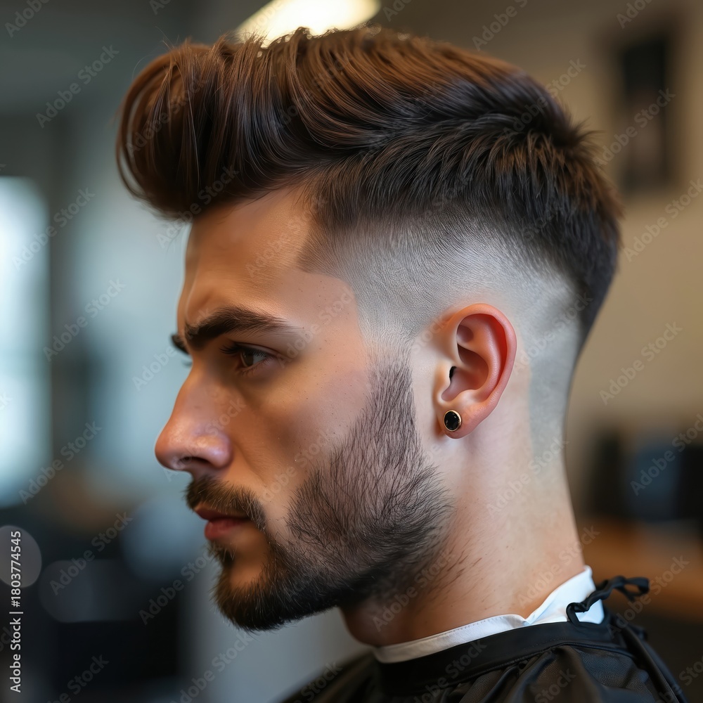 Obraz premium Man with stylish faux hawk haircut and faded beard posing in barber shop. Young guy gets modern hairstyle with sharp lines, looking confident. Professional hair styling for men.