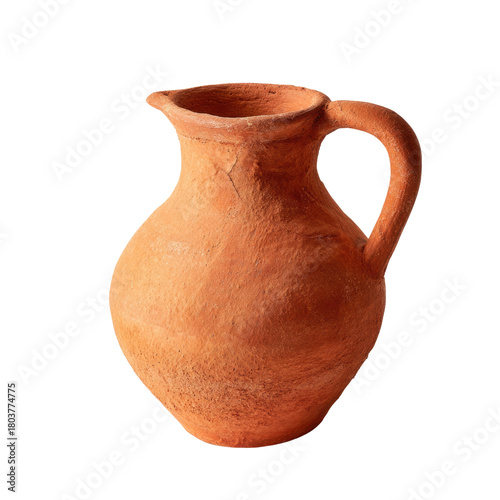 An unglazed, rustic terracotta pitcher with a handle and spout, showcasing its earthy texture and traditional form on a transparent background. background removed