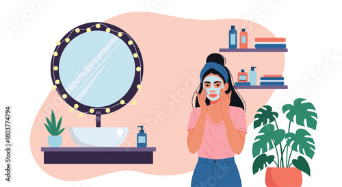 A young woman applies a face mask in a bright bathroom with a large mirror and plants.