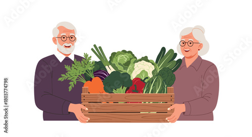 Elderly couple happily holding a wooden crate full of fresh farm vegetables.