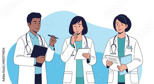 Three doctors in white lab coats discussing medical charts during a consultation.