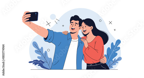 A happy young couple taking a selfie together while on an outing in nature capturing their special moments.