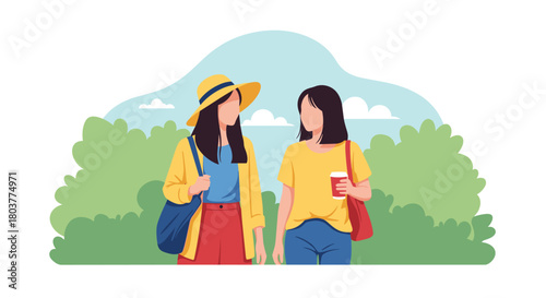 Two young women enjoying a pleasant walk together outdoors on a sunny day.
