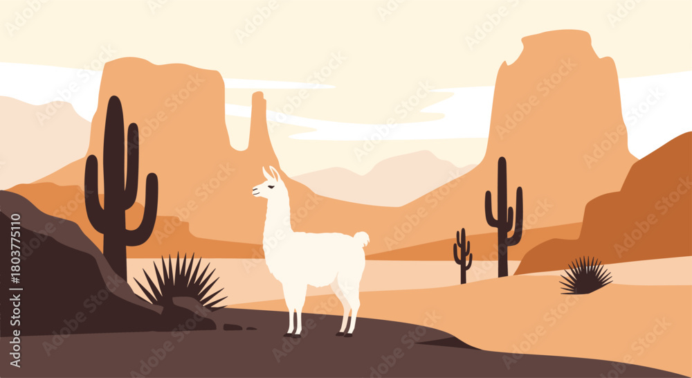 Naklejka premium A lone llama stands peacefully in a vast desert landscape under a hazy sky.