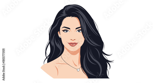 A pixel art portrait of a young woman with long dark hair wearing a necklace.