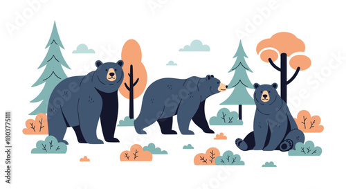 Three large black bears roam through a forest with trees and bushes.