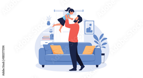 A happy father lifting his daughter in the air in a living room.