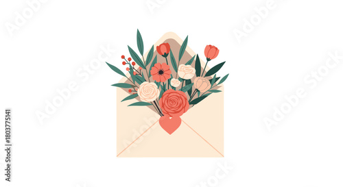 Beautiful floral arrangement overflowing from an elegant envelope with a heart seal.