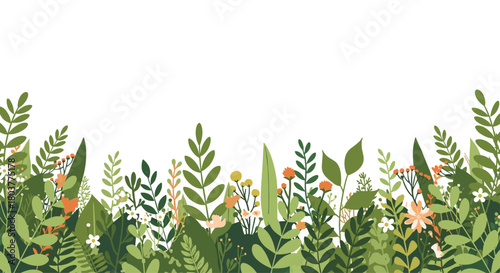 A vibrant and lush border of green foliage and delicate wildflowers creates a natural tapestry.