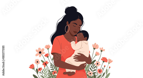 A loving mother cradles her child surrounded by beautiful blooming flowers.