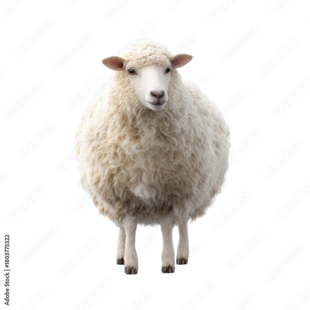 Fototapeta premium A fluffy white sheep stands front and center against a solid transparent background, showcasing its thick wool coat and gentle expression. background removed