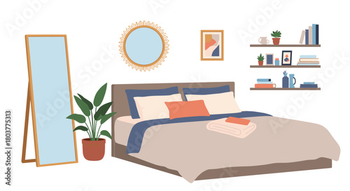 Cozy bedroom interior with a bed mirror and shelving unit.