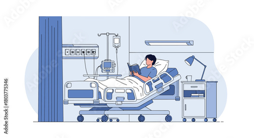 A person is reading a book in a hospital bed with medical equipment around them.