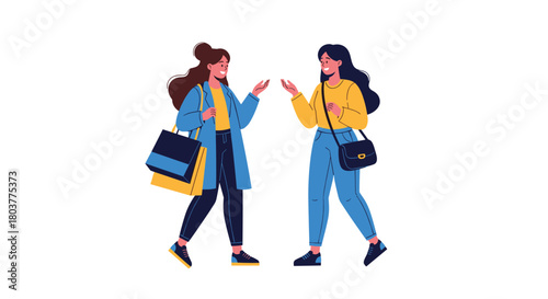 Two young women carrying shopping bags and interacting with each other while standing isolated on a white background.