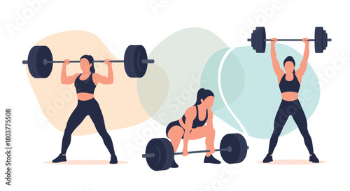 A woman demonstrates different weightlifting exercises including the clean and jerk and deadlift for her fitness routine.