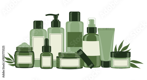 A curated collection of natural skincare products and botanical ingredients arranged artfully for beauty.