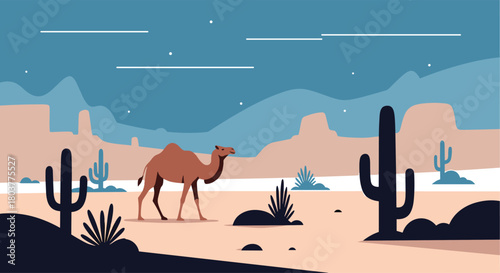 A lone camel walks across a desert landscape under a starry sky.