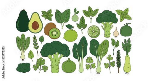 A vibrant assortment of fresh green fruits and vegetables arranged in a lively pattern.