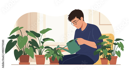 A person tending to their indoor plants by the window.