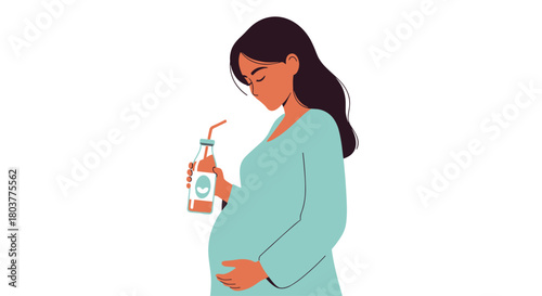 A pregnant woman enjoying a refreshing drink from a bottle with a straw while holding her belly.