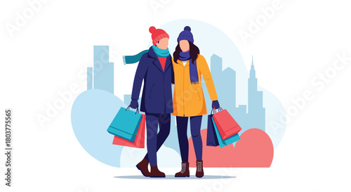 Couple enjoying winter shopping with colorful bags in a city.