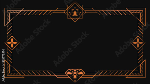 Elegant Art Deco frame with gold geometric line and ornamental corner accents on a black background. Ideal for invitation, certificate, luxury branding, poster, decorative layout, and vintage design