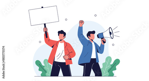 Two men hold up signs and shout into megaphones while protesting on a hill.