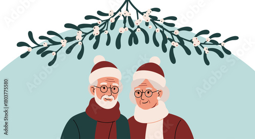 Elderly couple sharing a festive kiss beneath mistletoe on a winter day.
