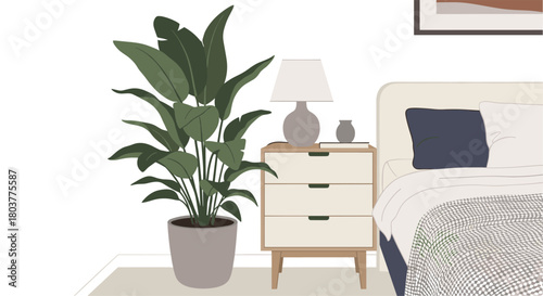 A modern bedroom with a large potted plant next to a nightstand with a lamp on it.