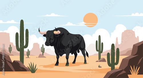 A powerful black bull stands majestically in a vast desert landscape with cacti and rugged mountains under a bright sun.
