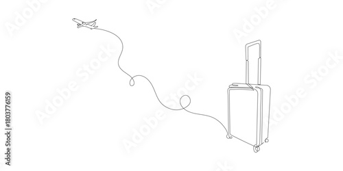 Continuous One line drawing of Trolly bag vector of luggage with flying airplane