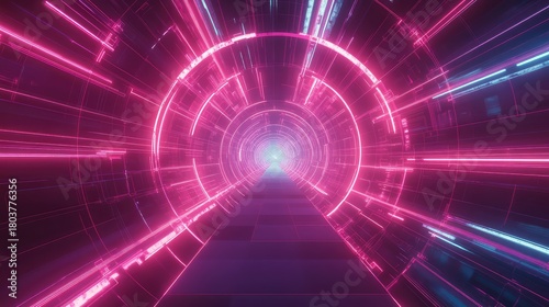Fototapeta Naklejka Na Ścianę i Meble -  Futuristic digital tunnel with glowing neon light lines