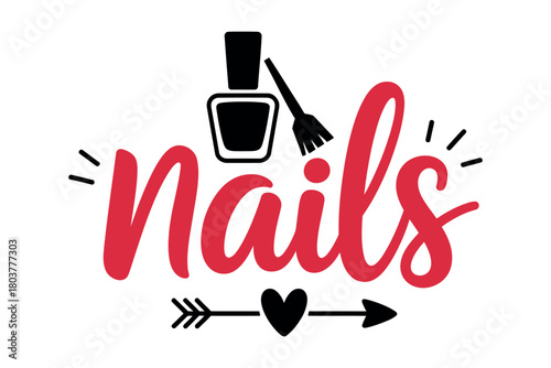 A stylized word 'nails' with a nail polish bottle and brush, accented with decorative lines and a heart with arrows.