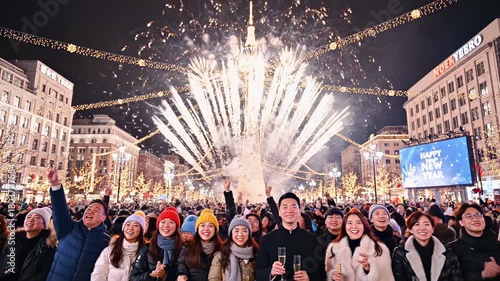 Crowd Celebrates New Years Eve with Fireworks Display.