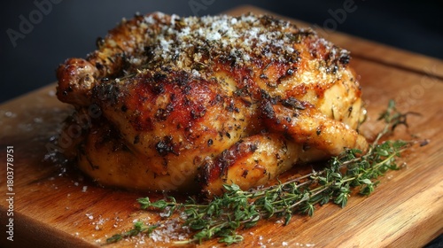 Fototapeta Naklejka Na Ścianę i Meble -  Golden baked chicken with crispy skin and juicy tender meat served on a rustic plate, perfectly seasoned for delicious home-cooked meal, comfort food dinner concept