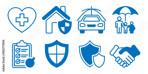 Comprehensive insurance protection icon set featuring health, life, car, home, shield, policy, safety and secure coverage symbols.