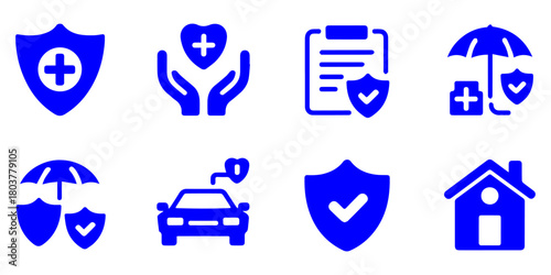 Comprehensive insurance protection icon set featuring health, life, car, home, shield, policy, safety and secure coverage symbols.