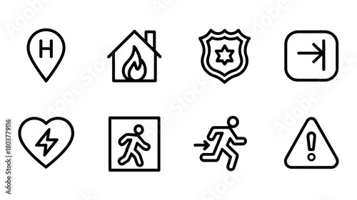 Safety and emergency outline icons set featuring hospital, fire, police, exit, aed, and warning symbols for modern web and app interfaces.
