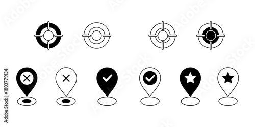 Collection of target and map pin vector icons, including crosshair, bullseye, checkmark, cross, and star symbols for location, accuracy, and feedback.