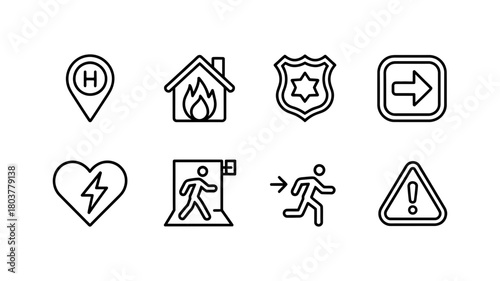 Line art emergency and safety icons set for web and mobile interfaces, featuring hospital, fire, police, aed, exit, and warning symbols.