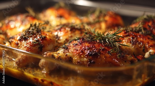 Fototapeta Naklejka Na Ścianę i Meble -  Golden baked chicken with crispy skin and juicy tender meat served on a rustic plate, perfectly seasoned for delicious home-cooked meal, comfort food dinner concept